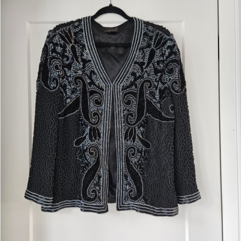 Embellished Black Beaded V-Neck Women's Sweater Jacket